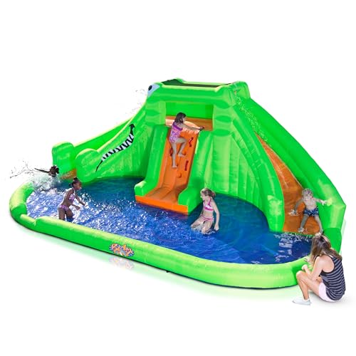 Blast Zone Crocodile Isle - Inflatable Water Park with Blower Large - Dual Curved Slides - Splash Area - Climbing Wall